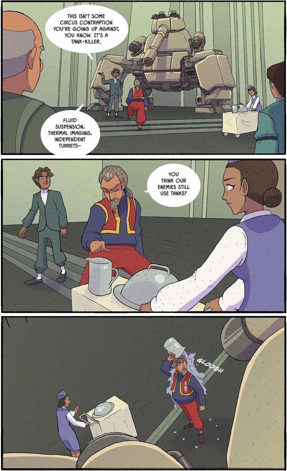 Farad taunts Siddig by emphasizing the mech's technical prowess, but Siddig brushes him off and then pours a full pitcher of ice water onto his head.