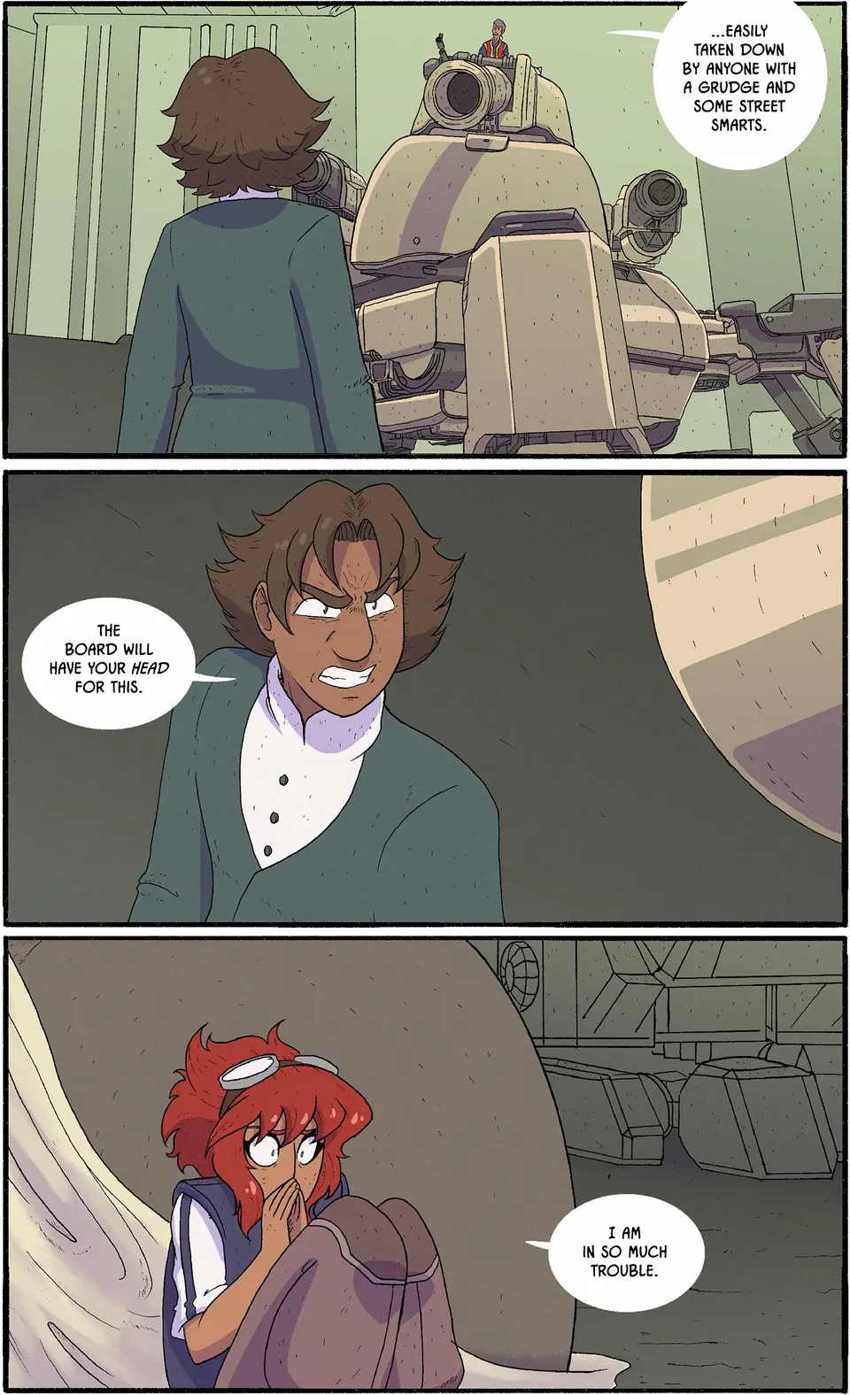 Farad sneers angrily at Siddig, perched in the tank's cockpit, and swears that there will be consequences. Aisha, crouched behind a nearby table, frets.