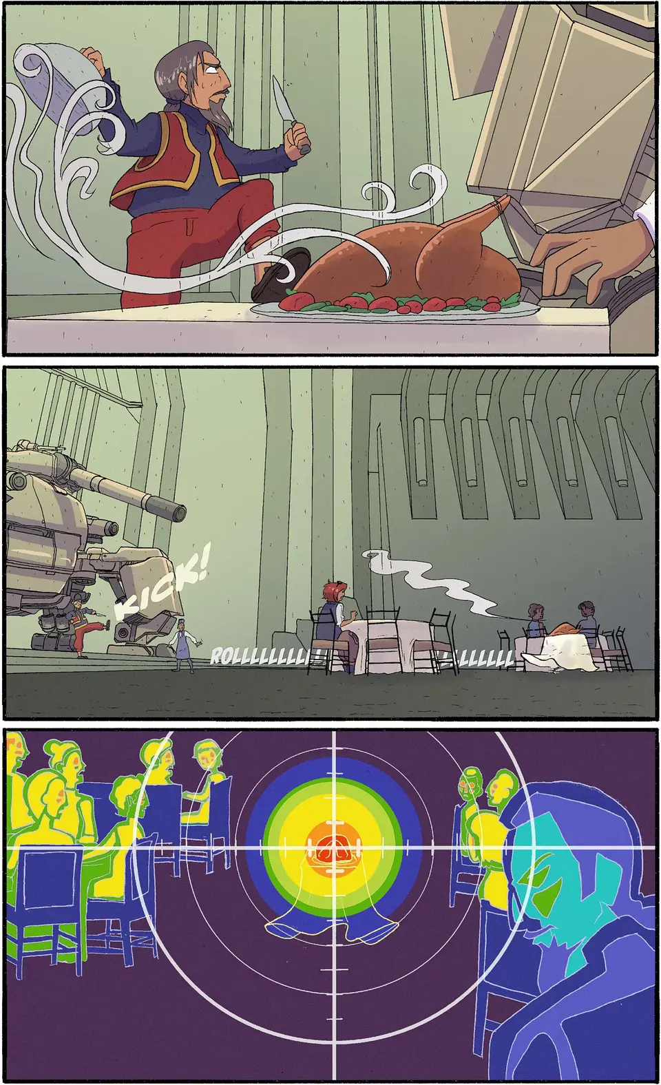 Grabbing the chafing-dish lid off a hot turkey platter on a nearby catering trolly, Siddig kicks the trolley down the length of the dining hall. The mech's heat sensor follows the turkey.