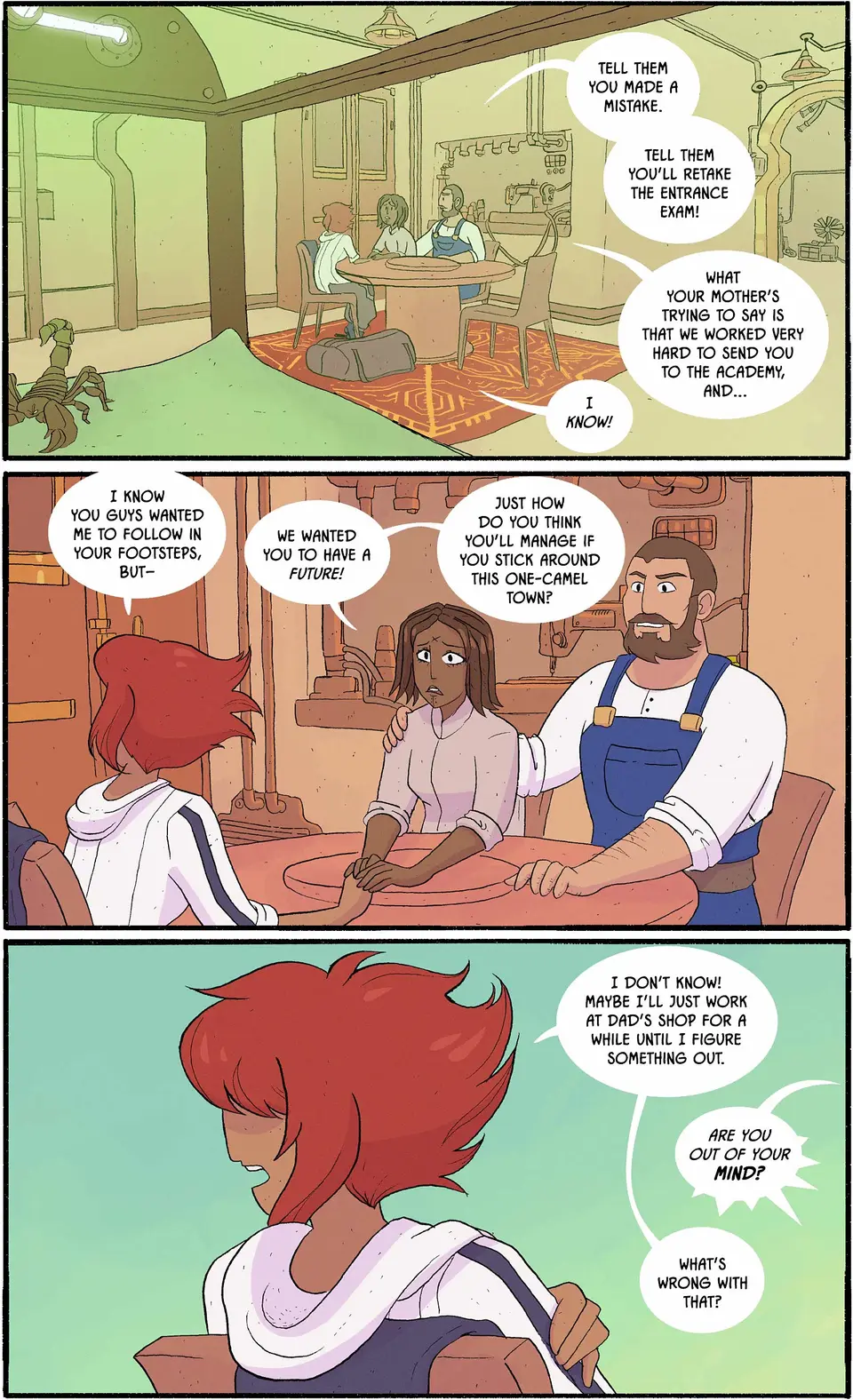 Aisha's parents protest that Aisha needs to return to the Academy, but Aisha gets surly.